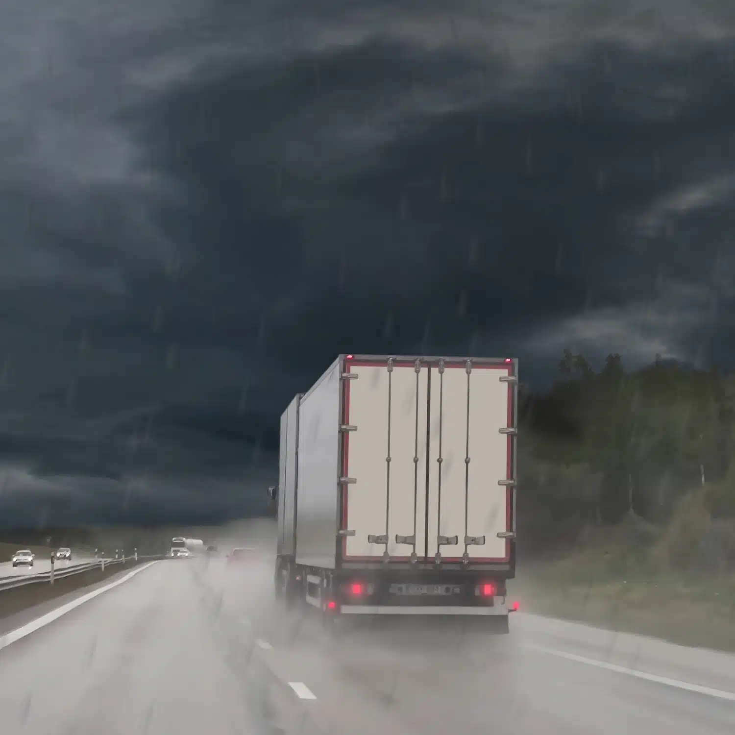 A tractor-trailer truck makes its way down the road in the rain.